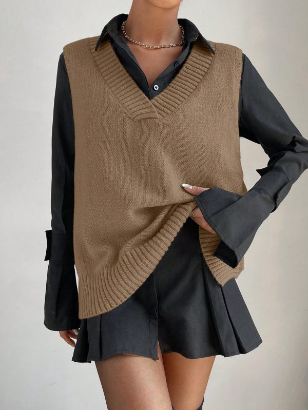 Women V-Neck Sleeveless Side Split Solid Color Fashion Loose Casual Knit Pullover Tank Top Vest