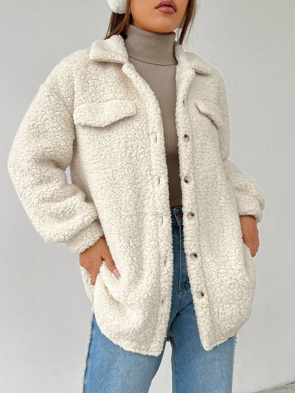 Dropped Shoulder Flap Detail Teddy Fur Coat