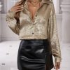 1pc Women  Size Elegant Satin Gloss Loose Long Sleeve Shirt