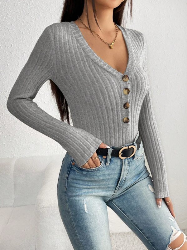 Solid Color Front Button Long Sleeve Casual Bodysuit