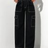 Black Elastic Waist Cargo Denim Straight Leg Pants