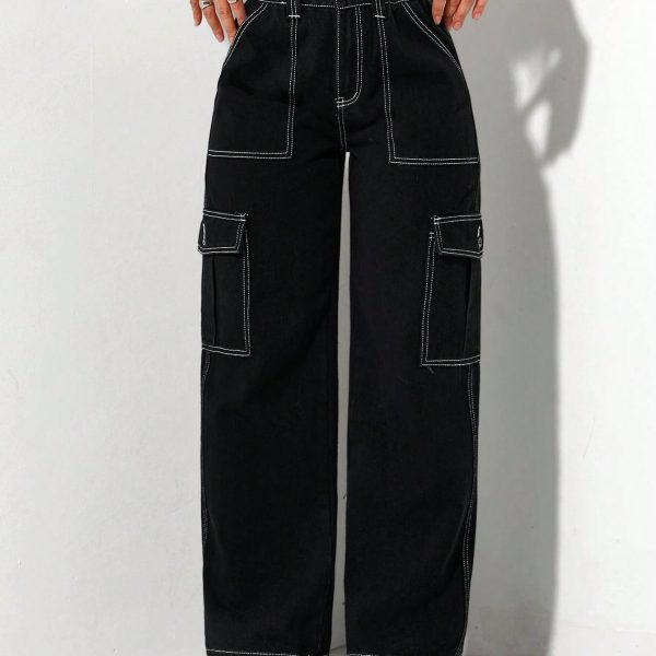 Black Elastic Waist Cargo Denim Straight Leg Pants