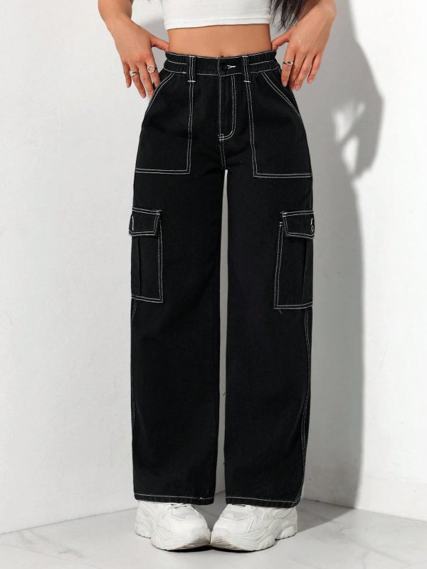 Black Elastic Waist Cargo Denim Straight Leg Pants