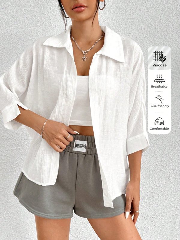 Spring White Solid Batwing Sleeve White Shirt