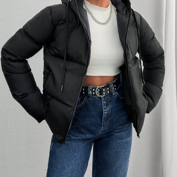 Women's Slant Pocket Drawstring Hooded Padded Coat