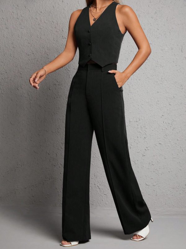 Button Front Vest Blazer & Wide Leg Pants
