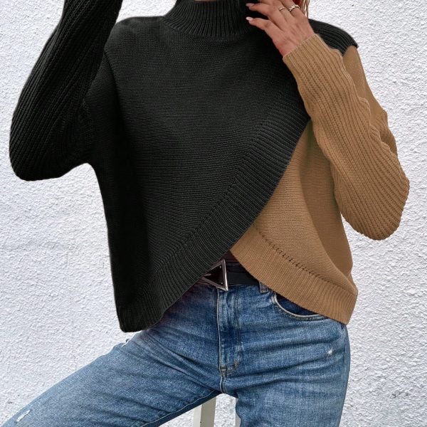 Women Colorblock Overlap Hem Stand Collar Drop Shoulder Long Sleeve Knit Sweater, Autumn/Winter