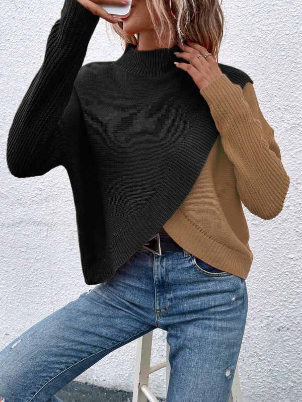 Women Colorblock Overlap Hem Stand Collar Drop Shoulder Long Sleeve Knit Sweater, Autumn/Winter
