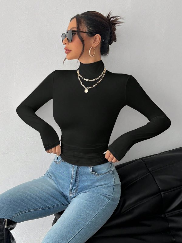 Solid Color Slim High Collar Long Sleeve White Top