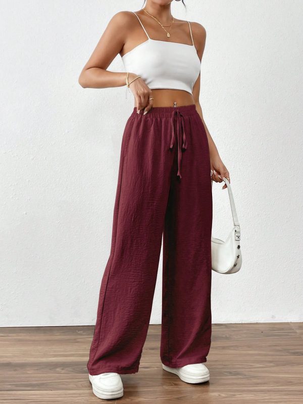 Women's Solid Color Front Tie Pocket Casual Long Pants, Daily Wear