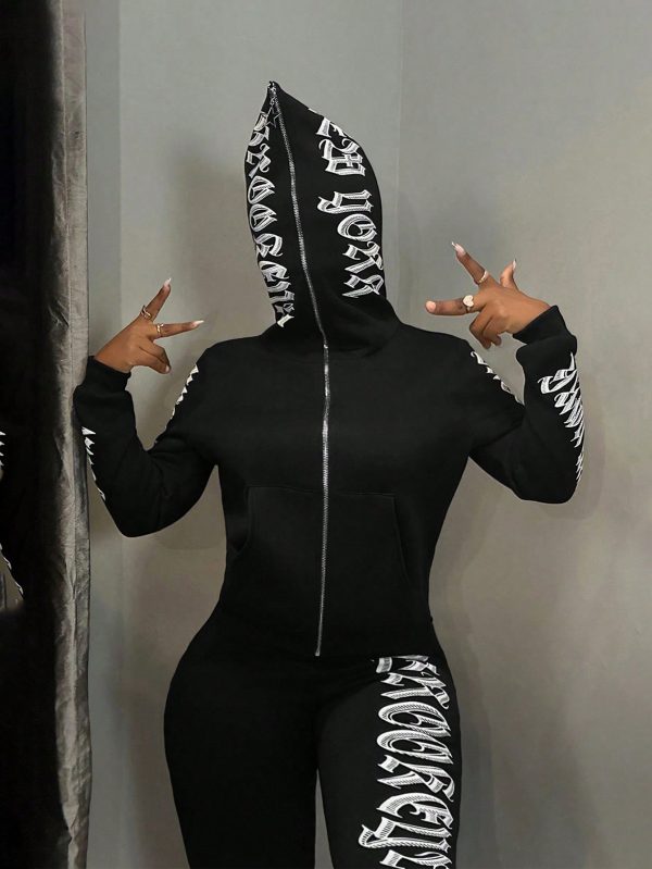 Casual Letter Print Zip-Up Hooded Sweatshirt, Autumn/Winter