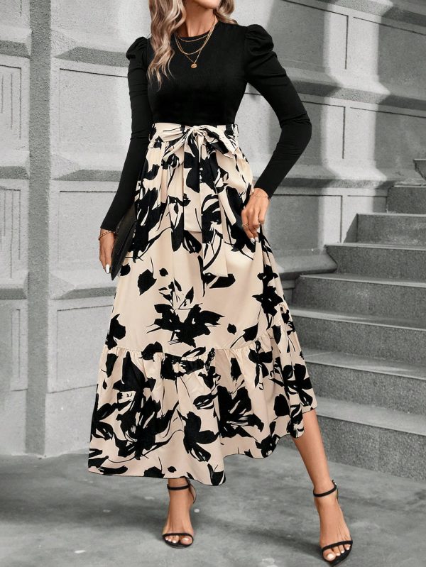 Women Short Length Patchwork Floral Print Waisted Long Sleeve Dress, Autumn/Winter