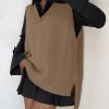 Women V-Neck Sleeveless Side Split Solid Color Fashion Loose Casual Knit Pullover Tank Top Vest