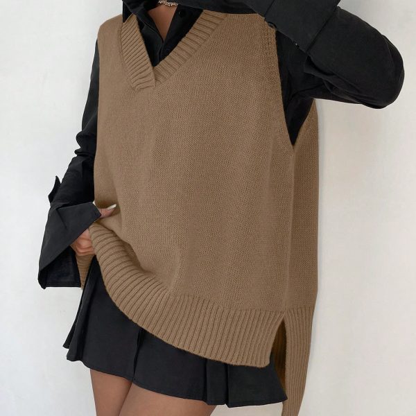 Women V-Neck Sleeveless Side Split Solid Color Fashion Loose Casual Knit Pullover Tank Top Vest