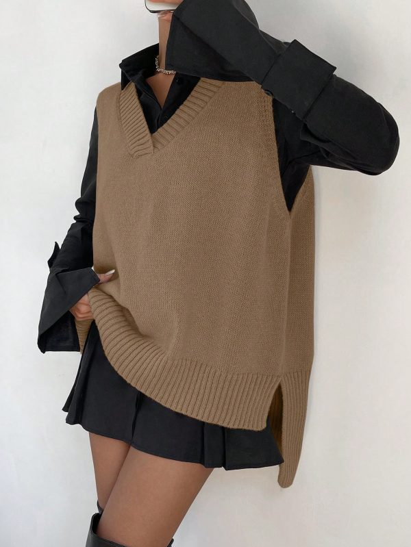 Women V-Neck Sleeveless Side Split Solid Color Fashion Loose Casual Knit Pullover Tank Top Vest