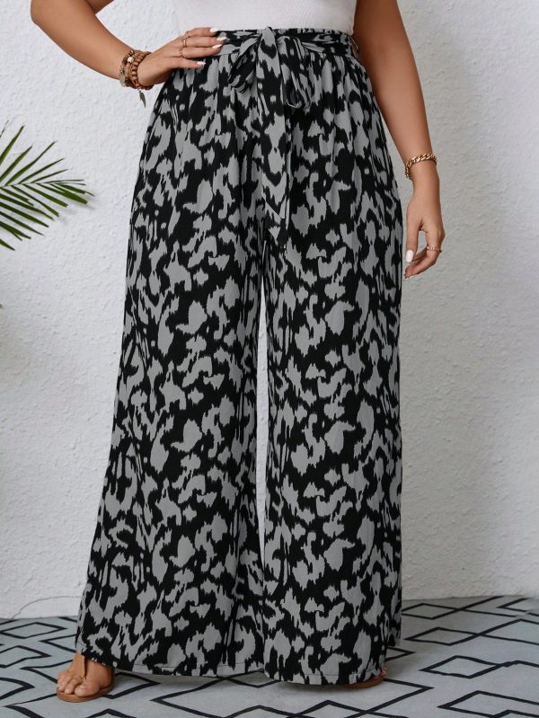 Plus Size Women Casual All-Over Print Elastic Waist Belt Loop Wide Leg Long Pants