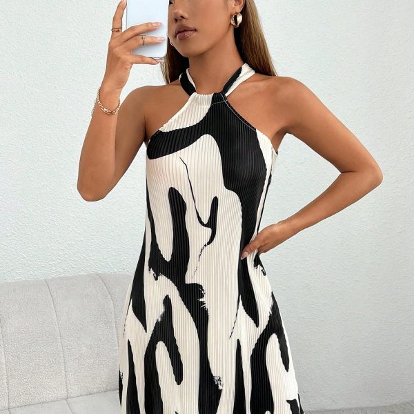Graphic Print Lettuce Trim Halter Short Summer Dress