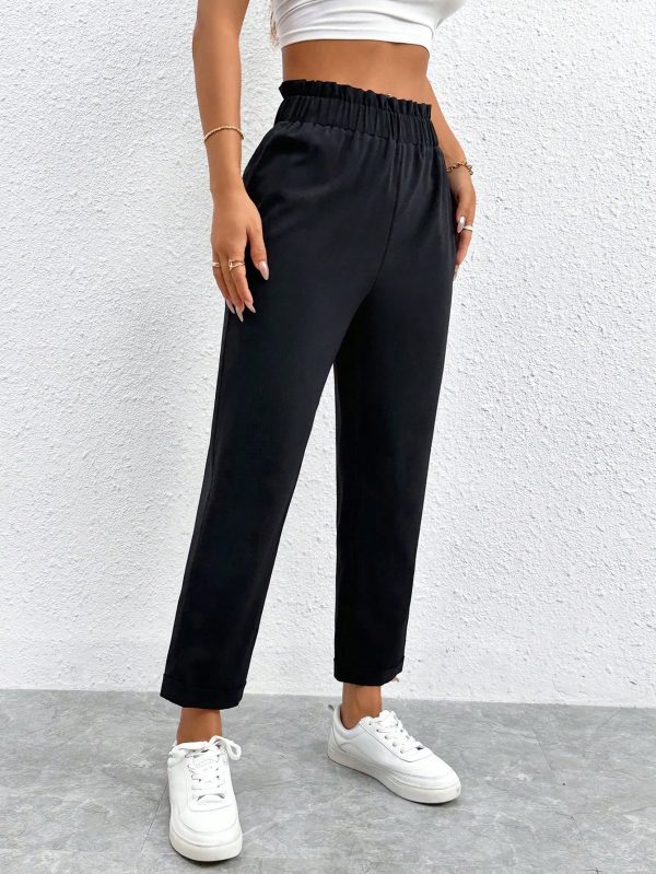 Solid Elastic Waist Cropped Pants