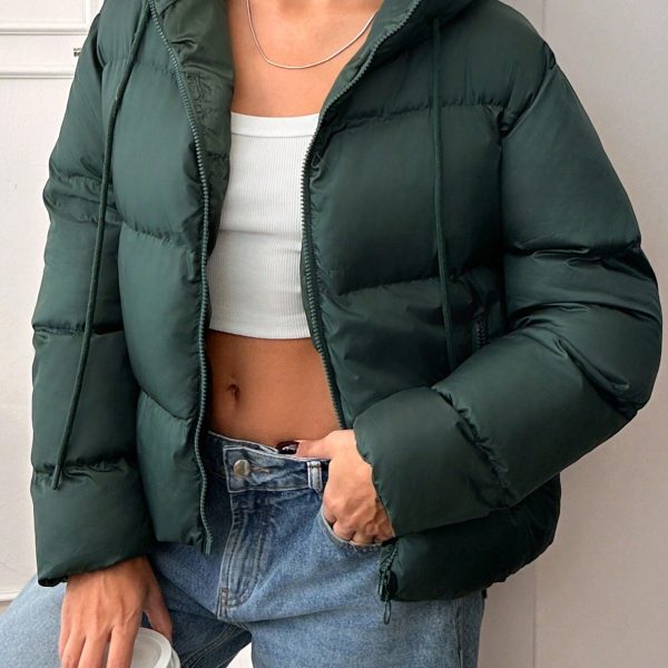 Solid Color Hooded Zip-Up Long Sleeve Jacket, Winter