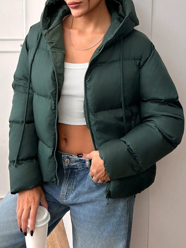 Solid Color Hooded Zip-Up Long Sleeve Jacket, Winter