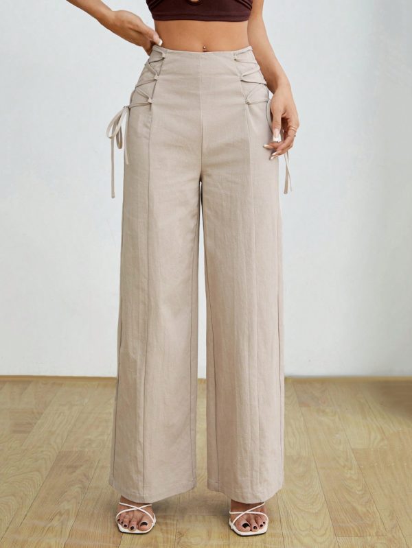 Women's Fashionable High-Waisted Khaki Wide Leg Pants With Belt