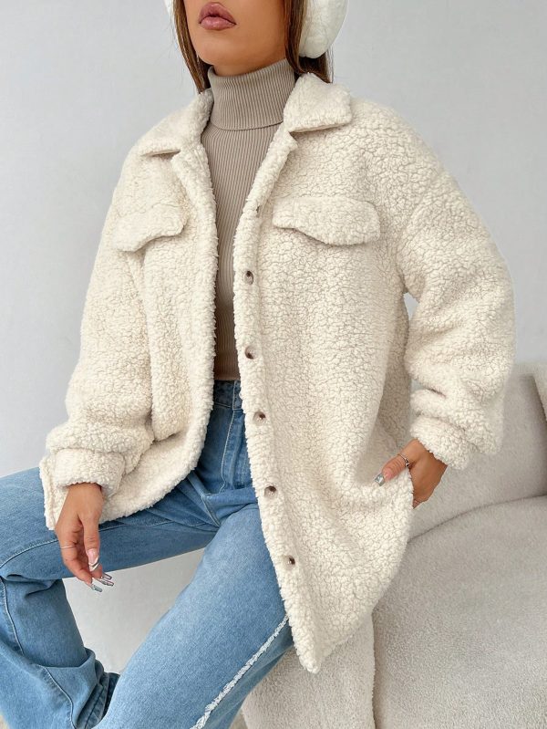 Dropped Shoulder Flap Detail Teddy Fur Coat
