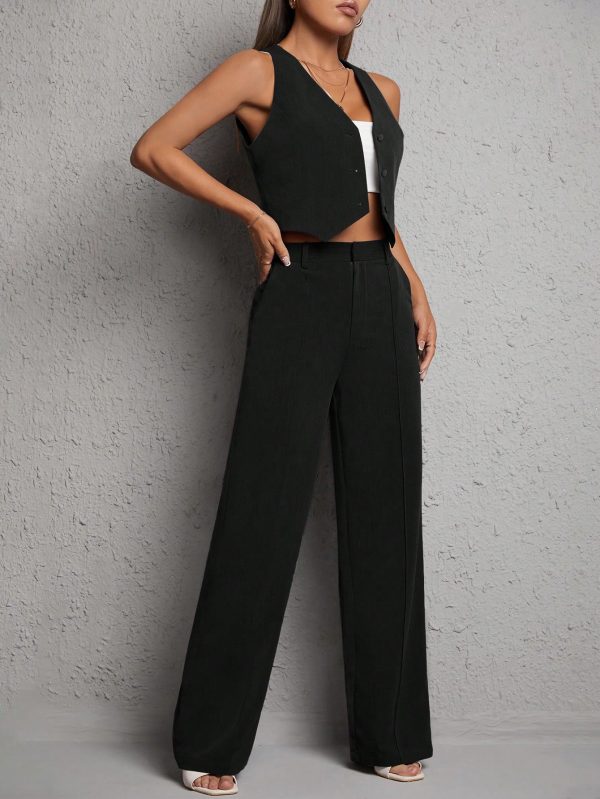 Button Front Vest Blazer & Wide Leg Pants