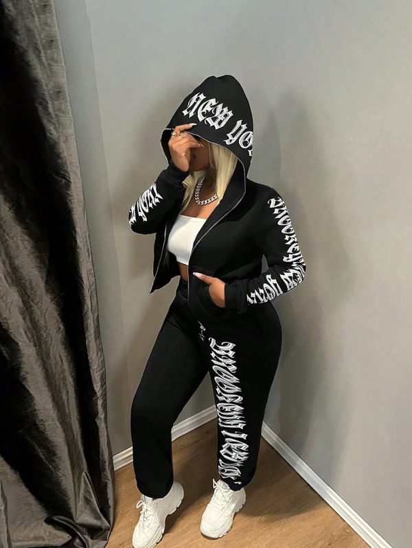 Casual Letter Print Zip-Up Hooded Sweatshirt, Autumn/Winter