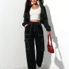 Black Elastic Waist Cargo Denim Straight Leg Pants