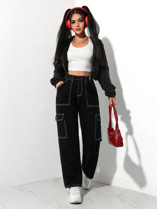 Black Elastic Waist Cargo Denim Straight Leg Pants