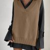 Women V-Neck Sleeveless Side Split Solid Color Fashion Loose Casual Knit Pullover Tank Top Vest