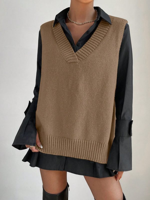 Women V-Neck Sleeveless Side Split Solid Color Fashion Loose Casual Knit Pullover Tank Top Vest