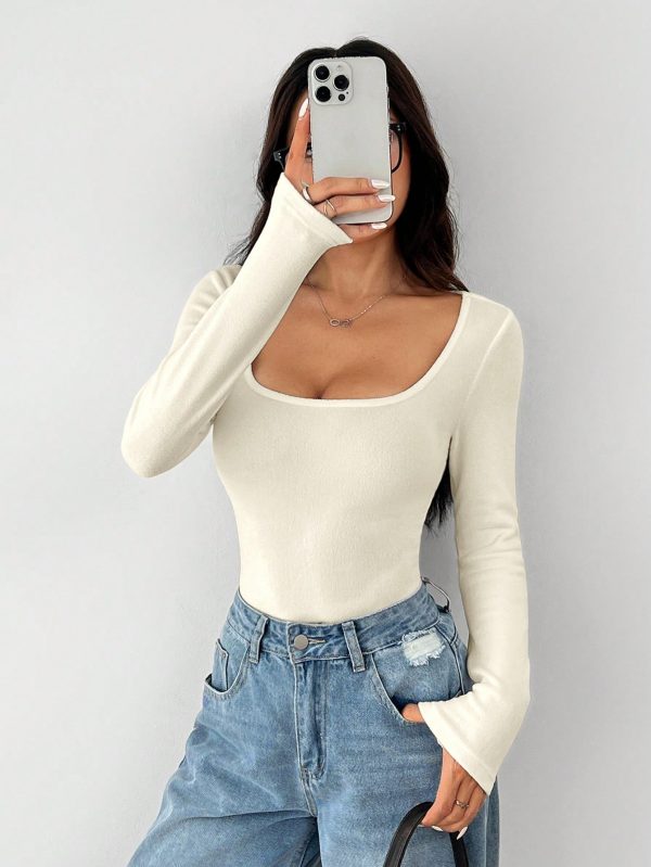 Solid Color Scoop Neck Spring Women's Fleece T-Shirt