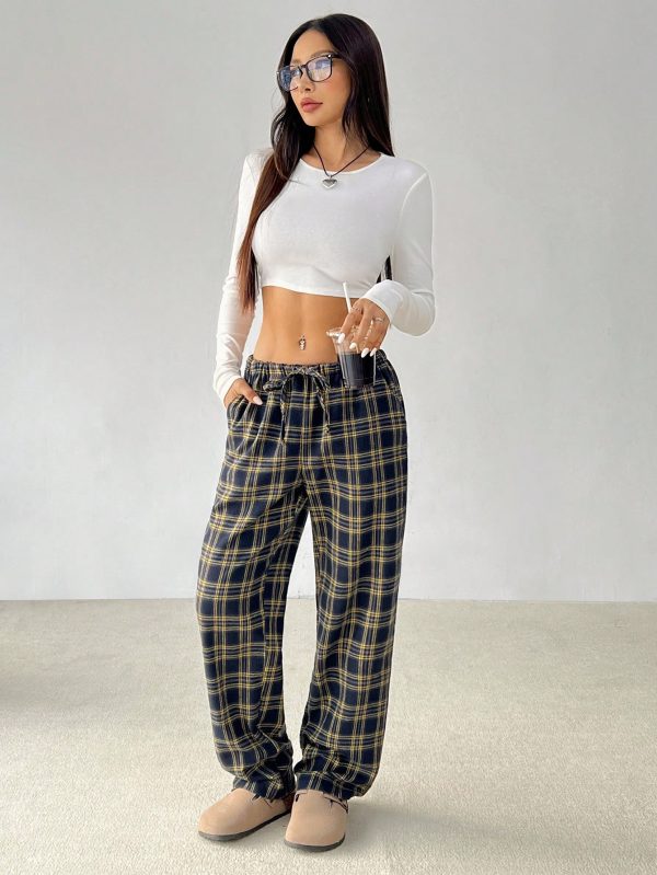 Women Plaid Print Drawstring Waist Pants
