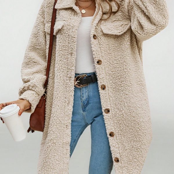 Dropped Shoulder Flap Detail Teddy Fur Coat