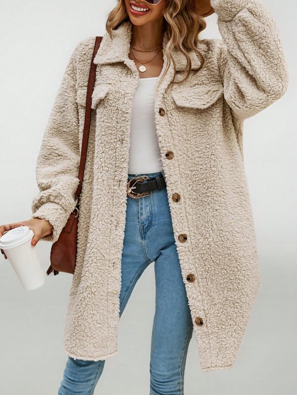 Dropped Shoulder Flap Detail Teddy Fur Coat