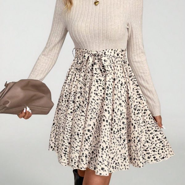 Ditsy Floral Print Mock Neck Belted Bottom&Top Two Tone A Line Floral Print Dress