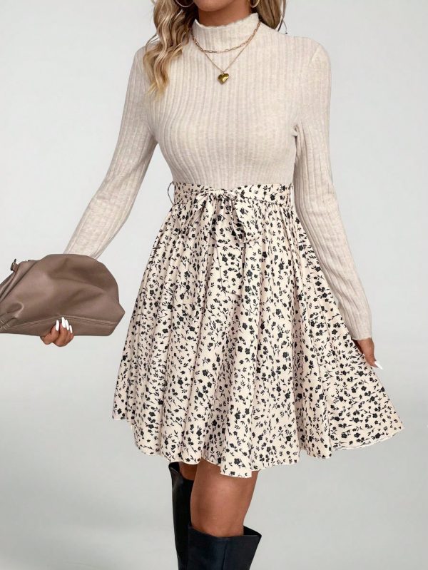 Ditsy Floral Print Mock Neck Belted Bottom&Top Two Tone A Line Floral Print Dress