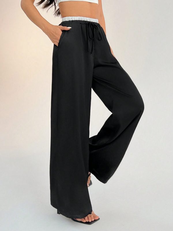 Contrast Color Double Waist Satin Glossy Women's Wide Leg Pants