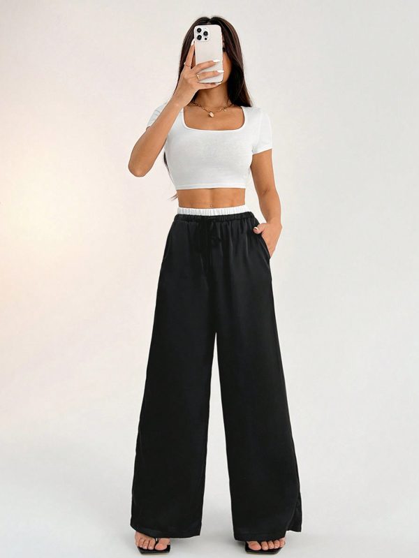 Contrast Color Double Waist Satin Glossy Women's Wide Leg Pants