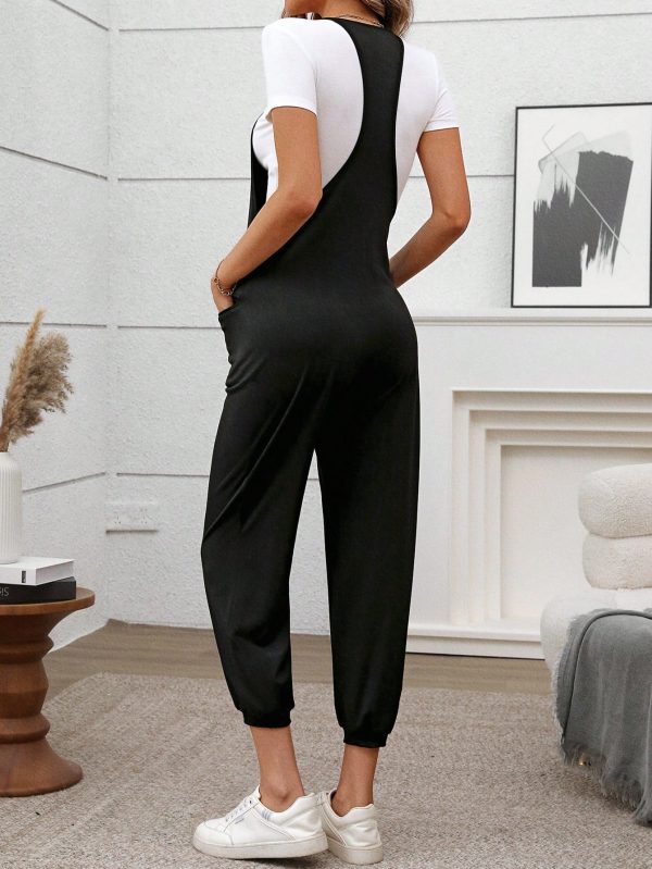 Deep Floral Print Gray Bib Loose & Comfy Dual Pocket Keyhole Back Jumpsuit