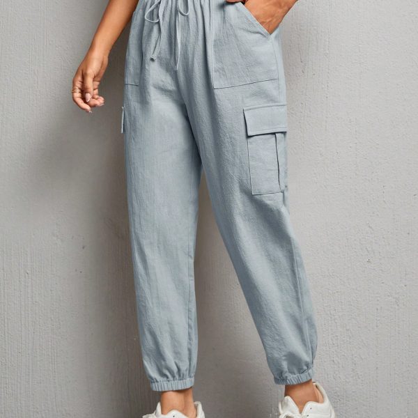 Women Solid Color Drawstring Elastic Cuff Work Pants, Suitable For Spring And Summer