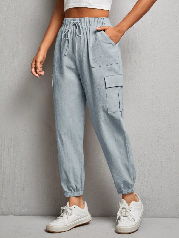 Women Solid Color Drawstring Elastic Cuff Work Pants, Suitable For Spring And Summer