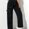 Black Elastic Waist Cargo Denim Straight Leg Pants