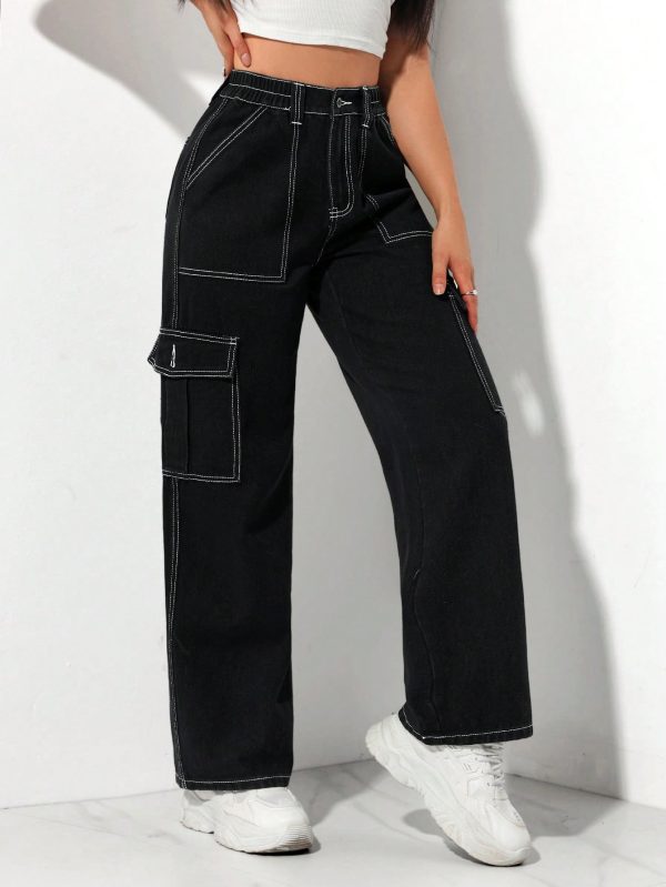 Black Elastic Waist Cargo Denim Straight Leg Pants