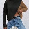 Women Colorblock Overlap Hem Stand Collar Drop Shoulder Long Sleeve Knit Sweater, Autumn/Winter