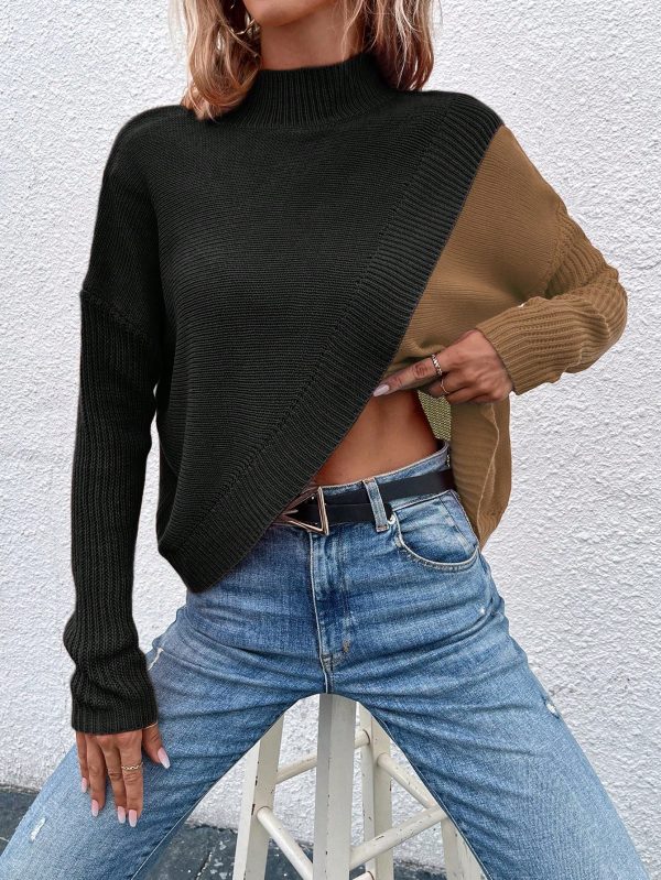 Women Colorblock Overlap Hem Stand Collar Drop Shoulder Long Sleeve Knit Sweater, Autumn/Winter