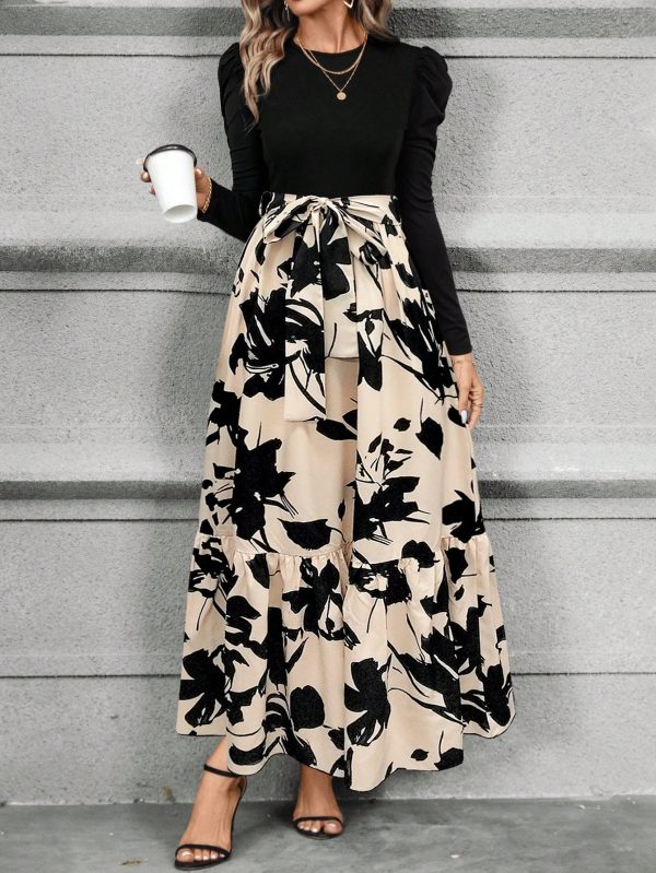 Women Short Length Patchwork Floral Print Waisted Long Sleeve Dress, Autumn/Winter