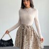 Ditsy Floral Print Mock Neck Belted Bottom&Top Two Tone A Line Floral Print Dress