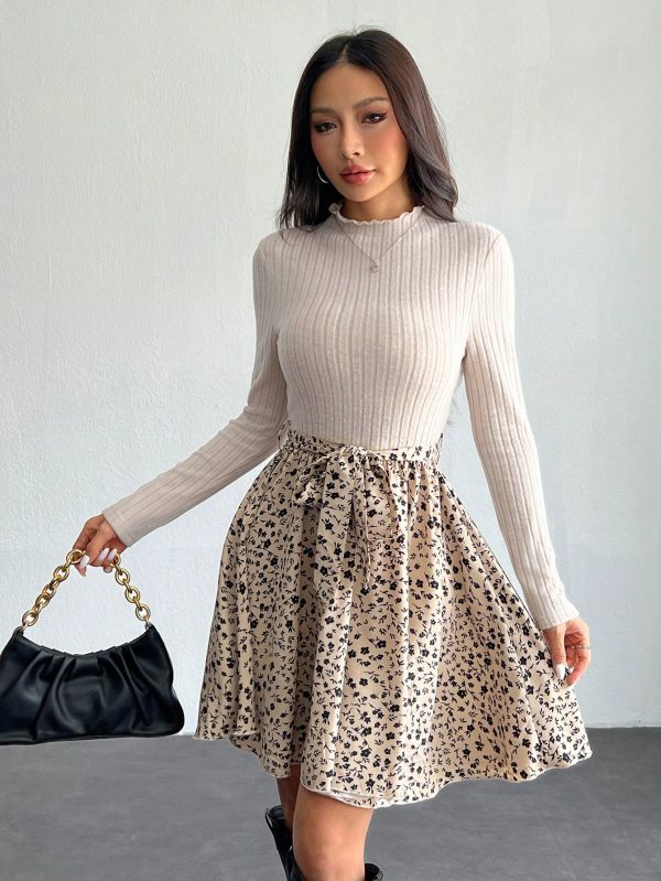 Ditsy Floral Print Mock Neck Belted Bottom&Top Two Tone A Line Floral Print Dress